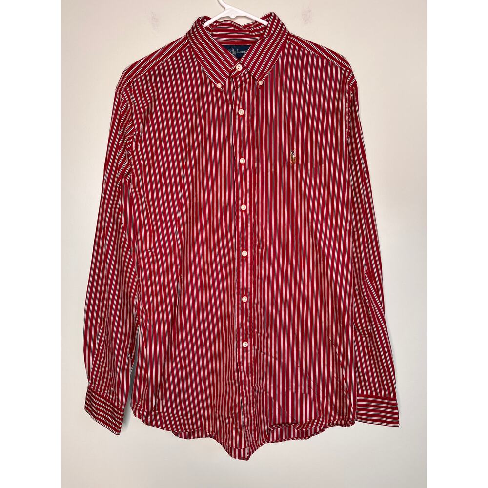1990s Ralph Lauren Red Navy Pinstripe Country Club Old Money Academic Shirt L
